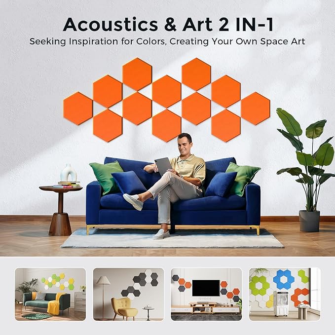 Self-Adhesive Acoustic Panels [390 lbs/yd³ Ultra-High Density], 2nd Generation Sound Absorbing Panel, Professional Level Sound Panel, Polyester Soundproof Foam [Size M, Orange]
