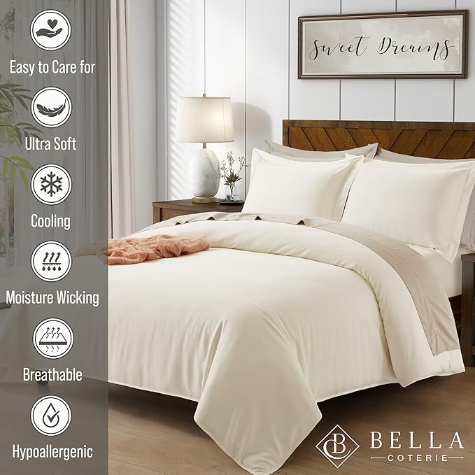 Bella Coterie Luxury Bamboo Viscose King Size Duvet Cover Set | 100% Organically Grown | Corner Ties | Ultra Soft | Cooling | Two Pillow Shams | 106 x 94 | No Insert [Ivory]