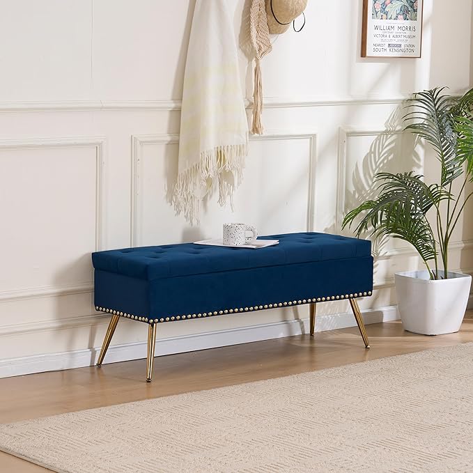 Velvet Storage Bench with Gold Legs& Nailhead Trim, 46" Wide Upholstered Modern Bedroom Bench for End of Bed, Tufted Ottoman for Entryway Living Room Dining Room (Navy Blue, 46" Wide)