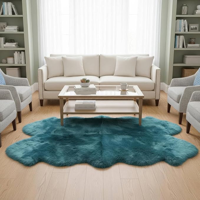 Beach Blue Genuine Sheepskin Rug 4x6 ft, Real Fluffy Quad Pelt Fur Area Rug for Living Room, Bedroom, & Nursery, Shaggy Boho, Modern, or Farmhouse Decor