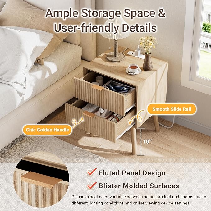 Fluted Nighstand, Beveled Edges Night Stand, 2 Drawer Nightstand with Charging Station, Modern End Table with Solid Wood Legs, Wooden Bedside Table for Bedroom Sofa Home Office, Natural Oak
