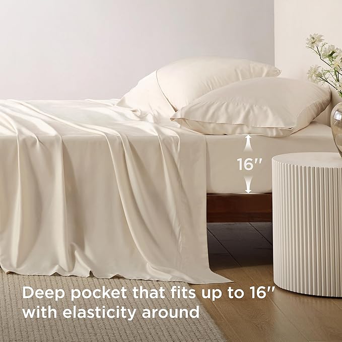 Bedsure Queen Sheet Set, Rayon Derived from Bamboo, Cooling Sheets, Breathable & Soft, Deep Pocket Up to 16", Hotel Luxury Silky Bedding for Hot Sleepers, Light Beige