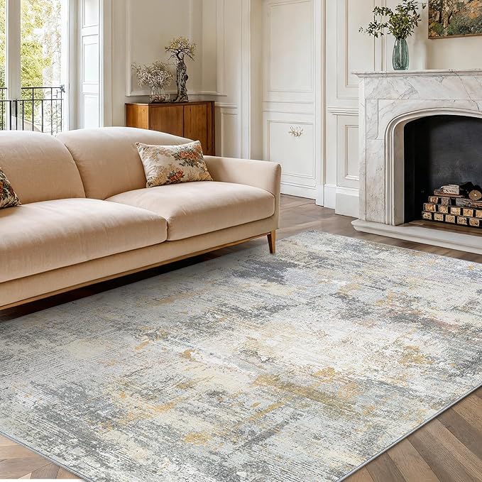 6x9 Area Rugs for Living Room, Modern Abstract Washable Rug with Non-Slip Backing & Low Pile Indoor Carpet for Nursery Room, Bedroom and Dinning Room, Beige