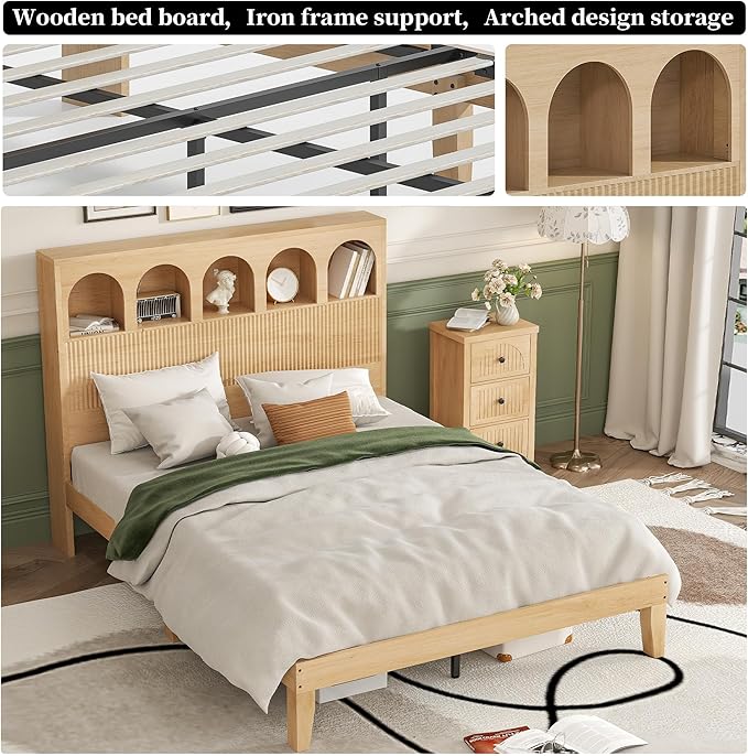 Queen Bed Frame, Storage Headboard with 5 Arched Storage Compartments, 12.4 Inch Farmhouse Wooden Queen Bed Frame, No Box Spring Needed, No Noise (Wood Color)