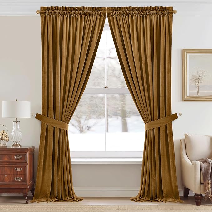 StangH Gold Brown Curtains for Living Room, Luxury Autumn Home Decoration Blackout Thermal Insulated Window Treatment for Living Room Bathroom, W52 x L90, 2 Panels