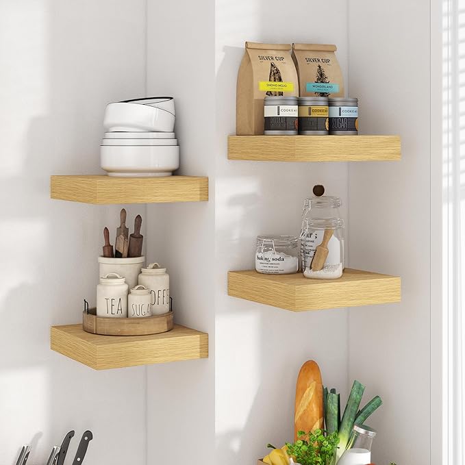 Axeman Square Floating Shelves for Wall, 8" W x 8" D x 1.4" H Rustic Wooden Wall Shelves, 4 Pack Wall Mounted Floating Shelf with Invisible Brackets for Living Room, Bathroom, Kitchen, Oak Color