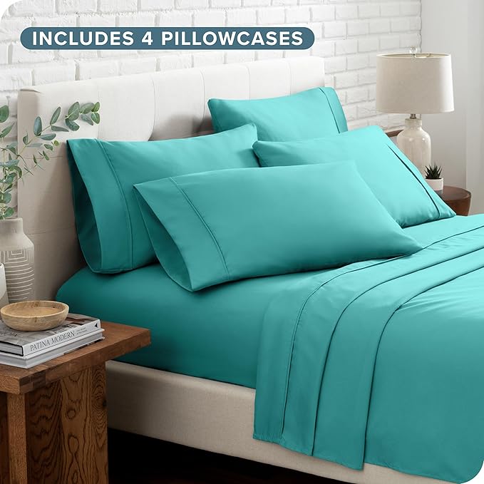 Bare Home Hotel Luxury King Sheet Set, Extra Soft - 6 Piece Set - Deep Pockets - Easy Fit - Cooling & Breathable - Wrinkle, Fade, Stain Resistant - Includes 4 Pillowcases (King, Turquoise)