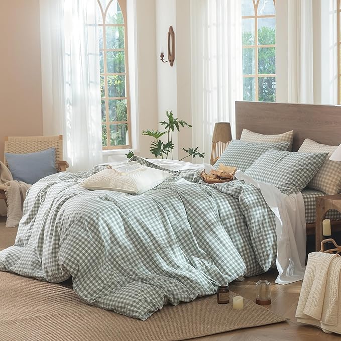 MooMee Gingham Duvet Cover Set 100% Washed Cotton Linen Like Textured Breathable Durable Soft Comfy Modern Checkered Design (Sage Green Gingham, Full 80"x90")