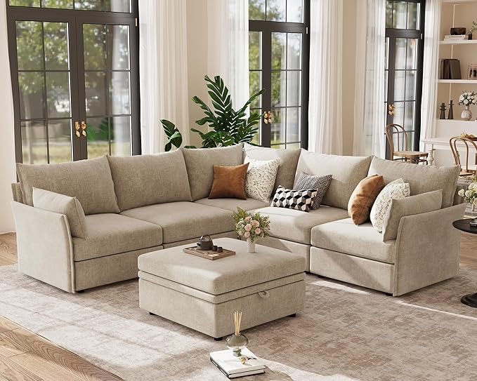 ABCASA 103.5" Oversized Modular Sectional Sofa, L Shaped Convertible Couch with Movable Ottoman, Large 6 Seat Corner Couches for Living Room Deep Seat- Beige Chenille