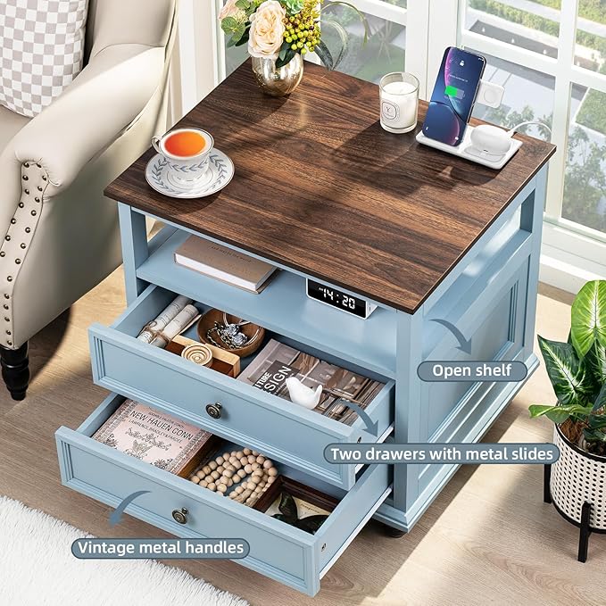 Farmhouse Nightstand with Charging Station, 24" Wide End Table with 2 Drawers, Light Blue Dresser for Bedroom,Wood Bed Side Table Chest of Drawers Cabinet,Night Stand for Living Room,Closet
