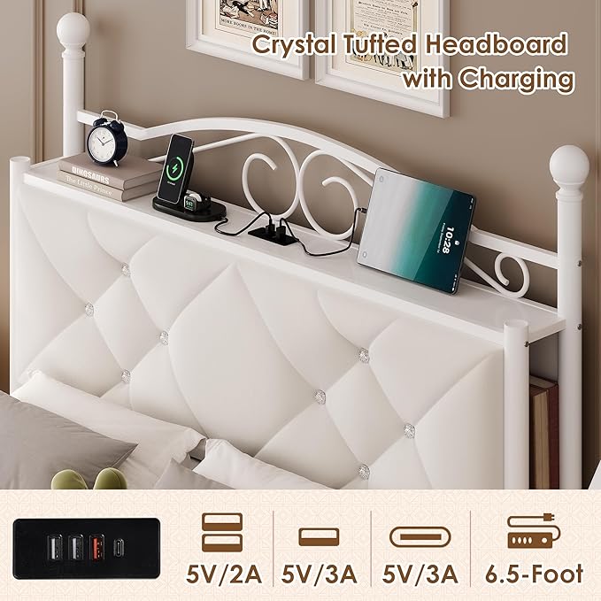 Full Upholstered Canopy Bed Frame with 2 Drawers & Crystal Tufted Storage Headboard Metal Platform Bed with Charging Station & 4 Removable Posts No Box Spring Needed Curtain Not Included, Beige