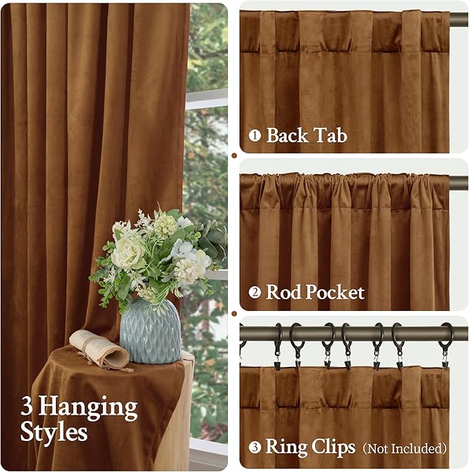 LAMIT Bronze Brown Velvet Curtains for Living Room 102 Inches Long, Mid Century Thermal Blackout Curtains Room Darkening Back Tab and Rod Pocket Panels for French Country, 2 Panels, 52 x 102 Inch