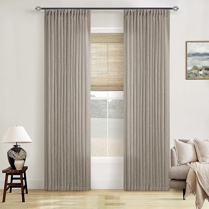 Burlywood Birch Pinch Pleated Linen Curtains 2 Panels for Living Room Bedroom Memory Training Shaped Semi Sheer Pleat Drapes with Hooks Rings Light Filtering Window Curtain 40x92