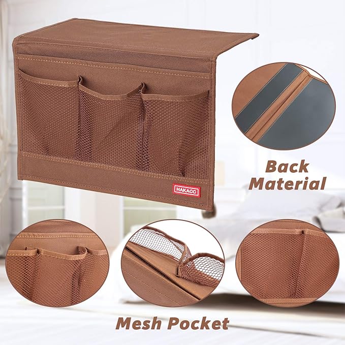 HAKACC Bedside Storage Organizer, Remote Control Holder, Bed Pockets Bedside Caddy Storage for Table Cabinet Phone Glasses, Brown