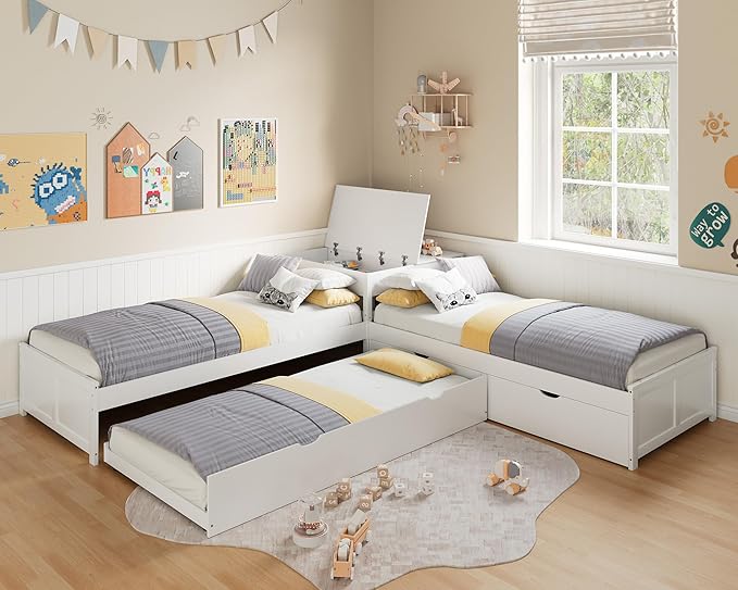 AMERLIFE L-Shaped Twin Trundle Bed with Flip-Top Storage Desk, Space-Saving Solid Wood Platform Bed Frame, White Finish, Multi-Functional Twin Bed for Kids and Families