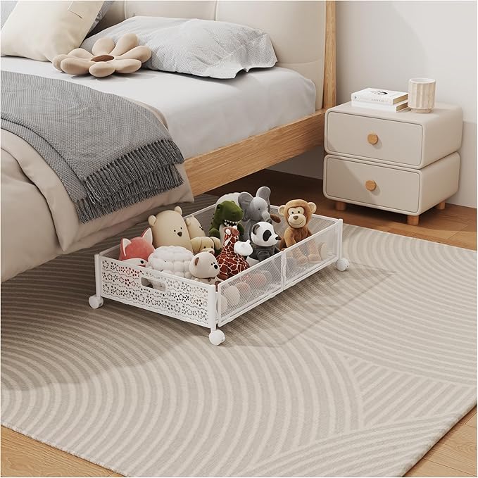 Under Bed Storage with Wheels, Foldable Pattern Carved Metal Under The Bed Storage, Tool-Free Assembly Underbed Storage, 60L Underbed Storage for Bedroom Clothes Blankets Shoes Toys
