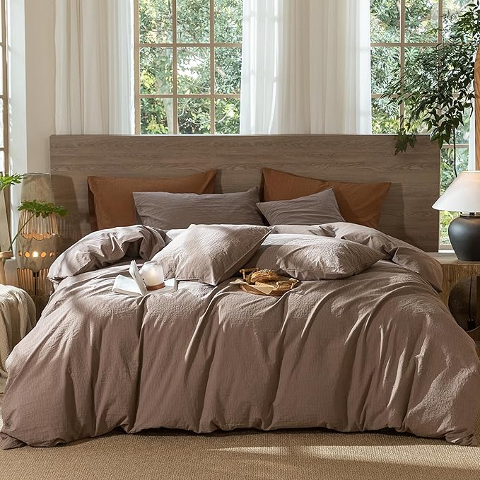 MooMee Wavy Striped Duvet Cover Set 100% Washed Cotton Linen Like Textured Breathable Durable Soft Comfy (Brown, Twin 68"x90")