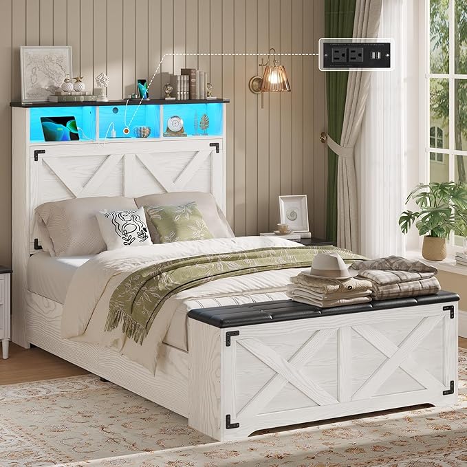 Hasuit Farmhouse Bed Frame Twin Size with Storage Headboard, Charging Station and LED Light, Wooden Twin Bed Frame with Storage Ottoman, Barn Door Design, No Box Spring Needed, No Noise (Walnut White)