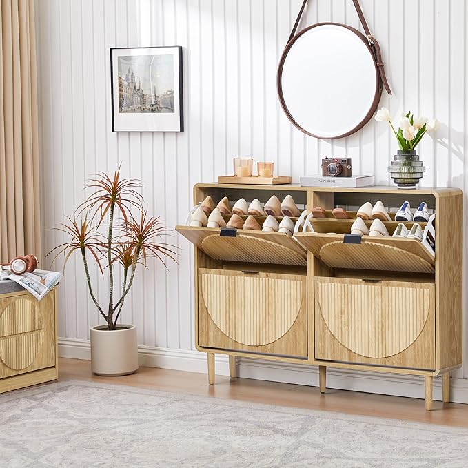Turtle&Myrtle Narrow Fluted Shoe Cabinet for Entryway, Slim Hidden Shoe Rack, Wooden Freestanding Shoe Storage Organizer with 4 Flip Drawers, Hallway, Living Room, Foyer (Natural)