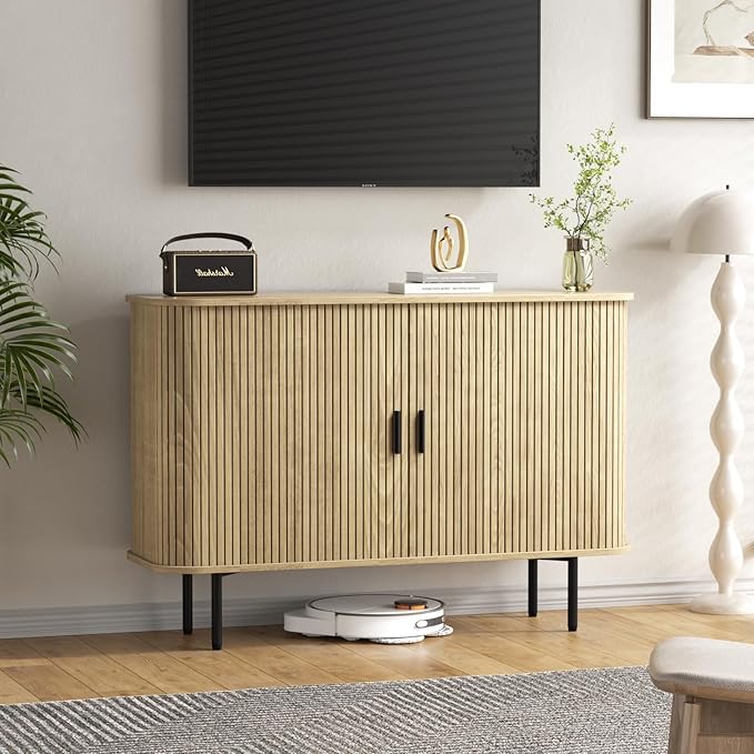 47''W x 32''H Buffet Sideboard Cabinet with Storage,Natural Fluted Storage Accent Cabinet with Curvy Edge; Sliding Door, Credenza, Console Table for Living, Dining Room, Kitchen, Hallway