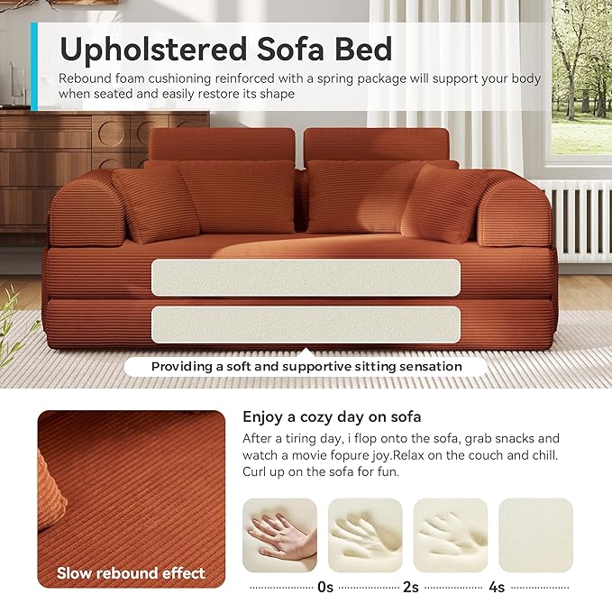 Upgrade High Backrest Design Sofa Bed with Fixed-Shape Frame & Removable Armrests and Backrest, Corduroy Fabric, Convertible Mattress Couch for Small Spaces - No Assembly Needed (High Backrest Orange)