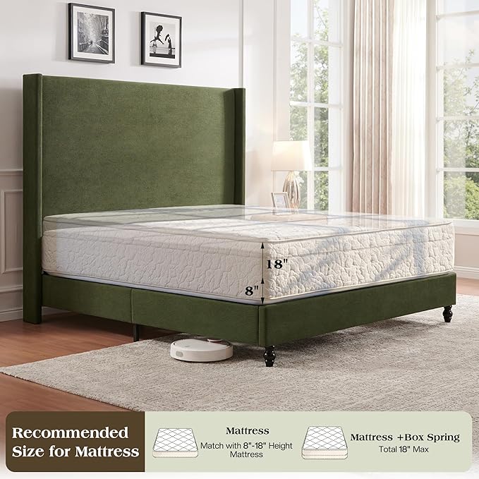 King Bed Frame with 65" Tall Headboard, Horizontal Fine Corduroy Bed Frame with Wingback, Upholstered Platform Bed, Vintage Solid Wood Gourd Legs, No Box Spring Needed, Green