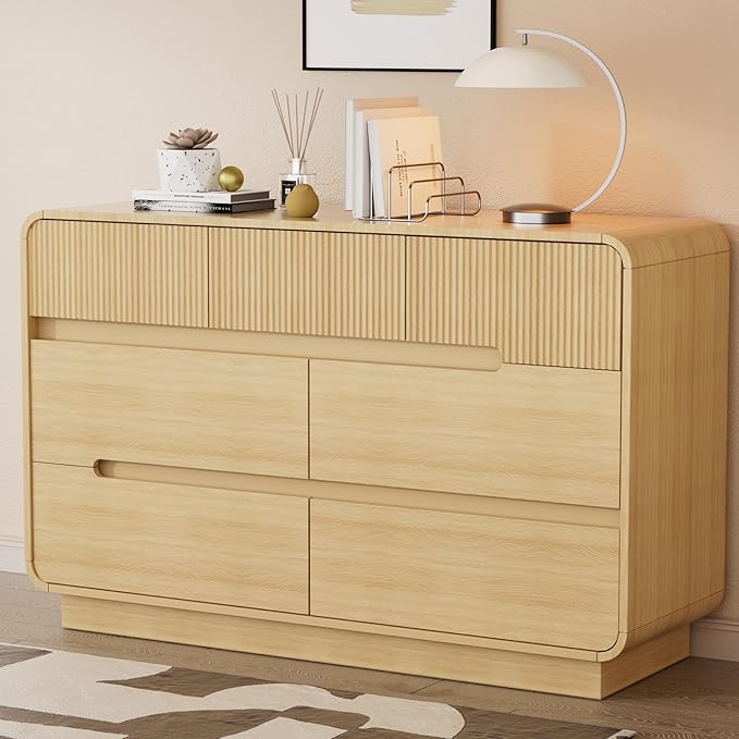 7 Drawer Dresser and 2 Nightstand Sets for Bedroom 3 Pcs Bedroom Set, Modern 47.2" Fluted Dresser with Invisible Handles Nightstand Charging Station, Bedroom Furniture Set for Living Room, Natural