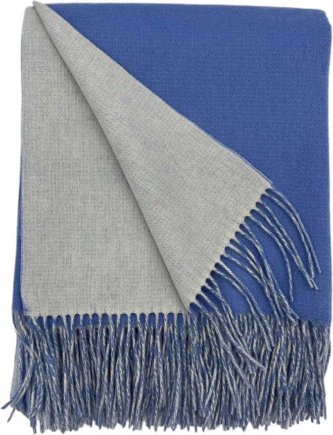Alashan Cashmere Blend Double Faced Throw-Super Soft and Luxe Fabric- Perfect for Cozy Nights! 95% Merino Wool/5% Cashmere, 50" x 70", Great Gift Item. (Highlands Blue & White)