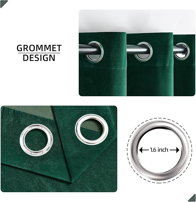 Joydeco Dark Green Velvet Curtains 63 Inches Long, Luxury Grommet Blackout Curtain 2 Panels, Thermal Insulated Privacy Room Darkening Window Drapes for Bedroom Living Room Home Theatre (52Wx63L)