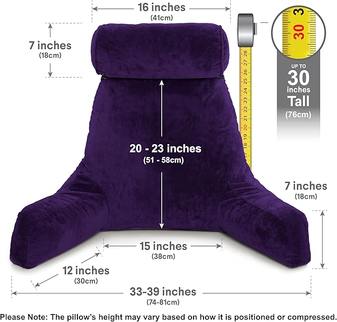 Husband Pillow XXL – Reading Pillow Bed Chair with Arms & Back Support – Purple - Back Pillow for Beds Sitting Up – Bed Rest Arm Pillow – Comfy Reading Pillow for Adults