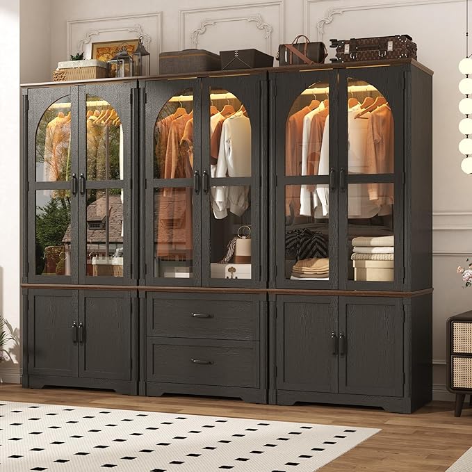 Tall Farmhouse 6 Doors Armoire Wardrobe Closet with LED ,72" Freestanding Arched Wardrobe Closet Cabinet for Bedroom w Glass Doors/Drawers,Wooden Clothing Storage Cabinet,Closets for Bedroom(Black)