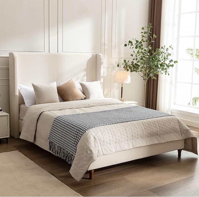 Queen Size Upholstered Bed Frame, Wingback Headboard BedframesHarper, 54" Tall Headboard Platform Beds/No Box Spring Needed/Easy Assembly/Elegant Simplicit, Beige Boucle