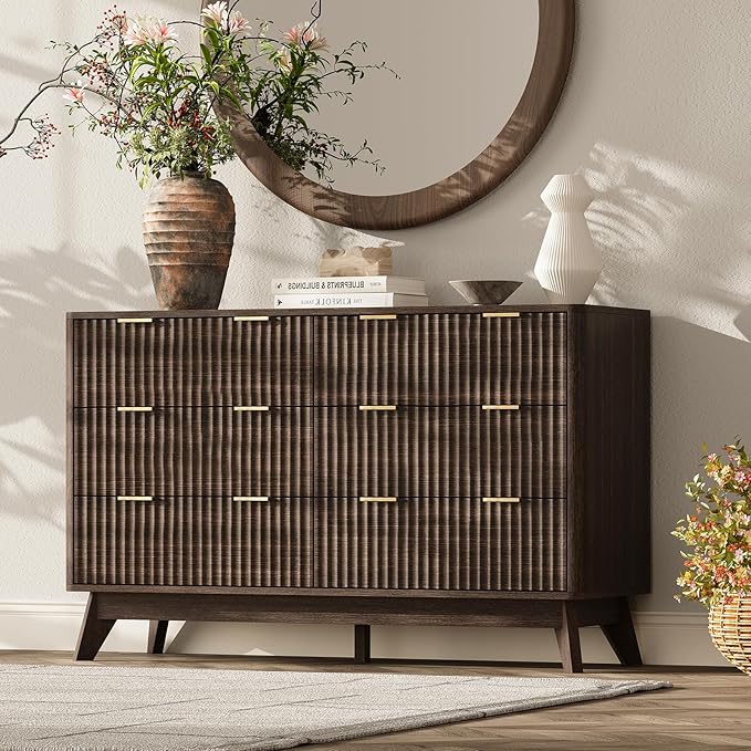 47'' Wide 6 Drawers Dresser for Bedroom,Modern Fluted Vertical Chest with Rounded Corners,Fluted Dresser for Living Room,Hallway, Walnut