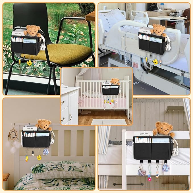 Bedside Storage Organizer 5 Pockets with 4 Hooks Hanging Storage Bag for Headboards/Bunk Bed (Black)