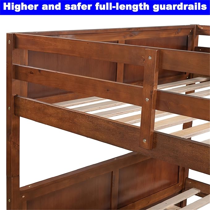 Upgraded Version Best Full Over Full Bunk Bed with Trundle, Thicken Solid Wood Full Size Bunk Bed, Bunkbed Frame Full Over Full, Convertible to 2 Beds, Easy Assembly for Adults (Walnut)