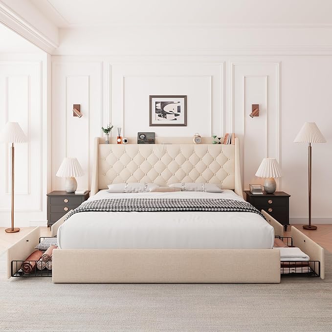 Feonase Upholstered Queen Bed Frame with 4 Storage Drawers, Charging Station and Tufted Wingback Storage Headboard, No Box Spring Needed, Easy Assembly, Beige