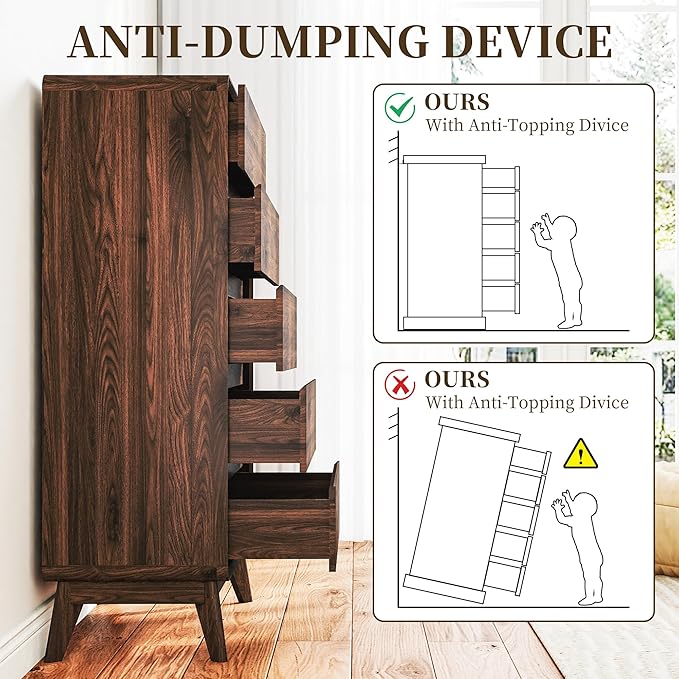 50" Tall Dresser for Bedroom, Vertical Dressers with 5 Drawers and Curved Profile Handleless Design, Chest of Drawers with Natural Texture for Living Room, Hallway and Entryway,Nautral