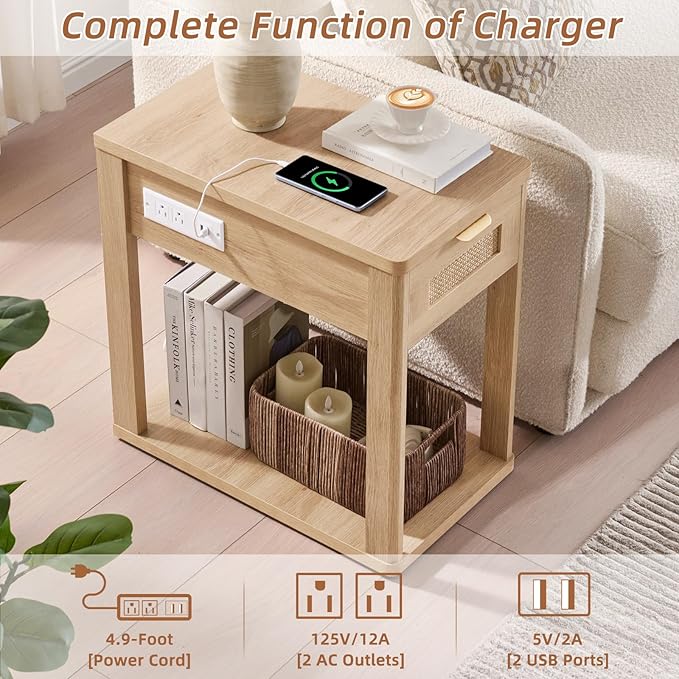 LEYAOYAO Narrow Side Table with Charging Station, 24x14''Rattan Night Stand with Drawer Storage, Natural Wood Bedside End Table for Small Spaces, Boho Nightstand for Living Room Bedroom