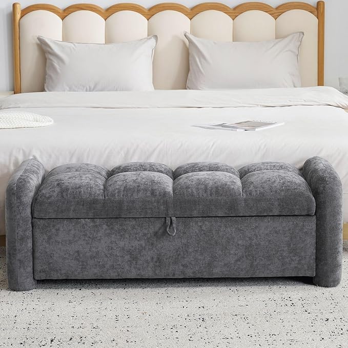 Oversized Chenille Ottoman Bench with Storage, Upholstered End of Bed Bench for Bedroom, Ottoman Foot Rest for Living Room, Dark Grey