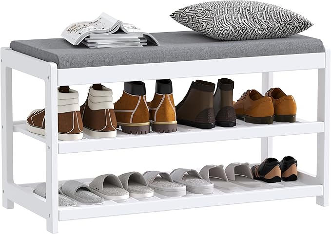 Shoe Bench Entryway, 100% Solid Solid Wood Shoe Rack Bench with Storage and Cushion Padded Seat, 3-Tier Shoe Organizer for Hallway Living Room, Mudrooms, White