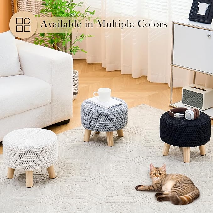 LGENHOOM Boho Ottoman Foot Stool Cotton Knitted Round Pouf Ottoman Foot Rest Stool with Non-Skid Wooden Legs Step Stool Padded Seat for Living Room Gray
