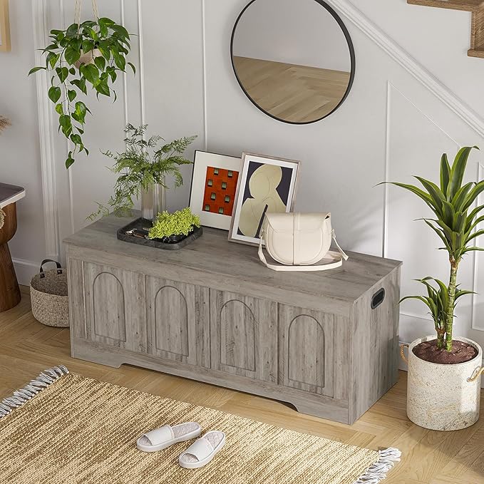 DINZI LVJ Storage Chest, 47.2" Rattan-Like Toy Box with 2 Safety Hinges, Wooden Entryway Storage Bench with Flip-Top, Large Trunk for Living Room, Bedroom, Easy Assembly, Gray Wash