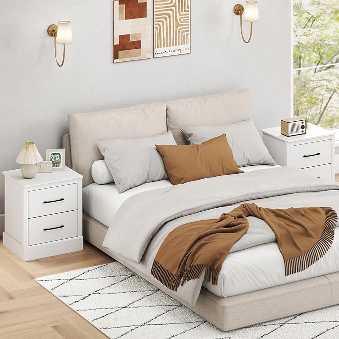 Giantex Modern Nightstand Set of 2, Wood Bedside Table with 2 Storage Drawers, Compact Floor Night Stand End Table, White Accent Sofa Side Table for Bedroom