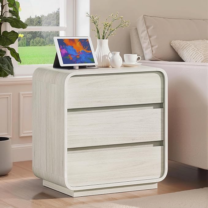 White Night Stand Set of 2 with Charging Station, Modern Dresser End Table with 3 Storage Drawers, Curved Wood Bedside Table, Mid Century Night Stand for Bedroom Dorm, 23.2" Wide
