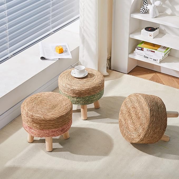 Wimarsbon Round Foot Stool Natural Seagrass Poufs Ottoman Hand Weave Footrest Stool for Couch Desk Extra Seat Step Stool with Solid Wood Legs for Hallway Patio Lounge White