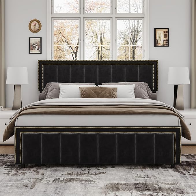 BarnFurin King Size Size Bed Frame with 50" Tall Headboard and Footboard, Chenille Upholstered Platform Bed, Vertical Channel Tufting with Nailhead Trim, No Box Spring Needed, Easy Assembly, Black