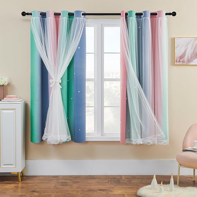 XiDi Curtains for Bedroom Decor, Rainbow Pinkgreen grey52/45