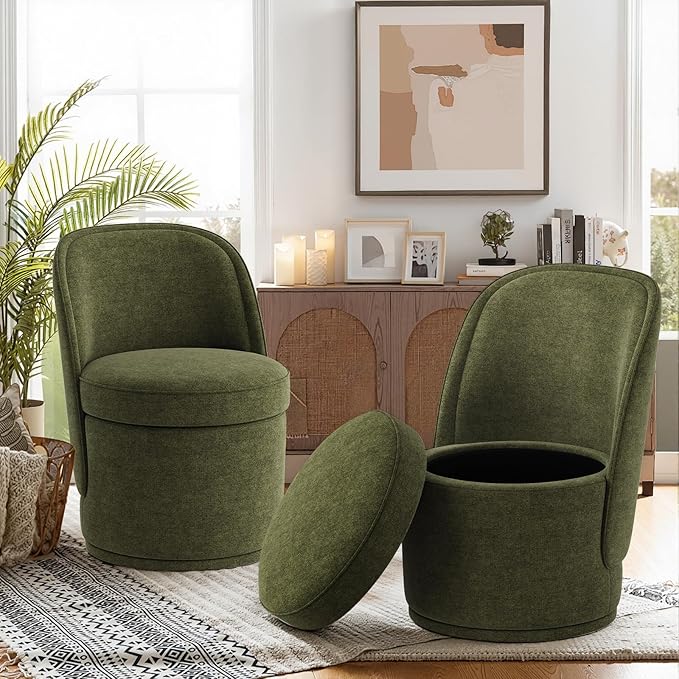 Swivel Accent Chair, 360° Swivel Chair with Hidden Storage, Vanity Chairs, Modern Small Barrel Swivel Armchair for Living Room/Bedroom, Green