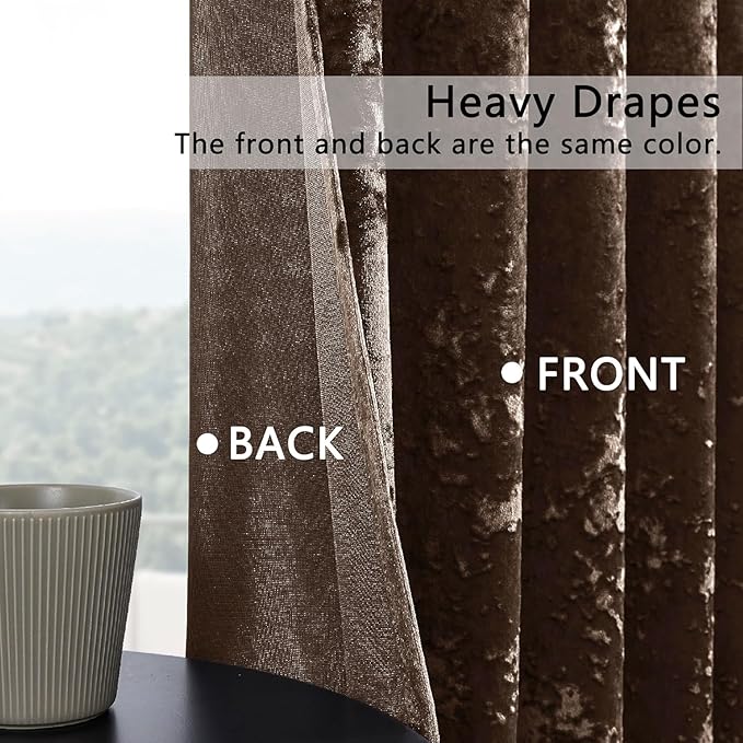 SMILETIME Chocolate Crushed Velvet Curtains 52x90 inch Luxurious Thermal Insulated Soundproof Drapes for Living Room Bedroom Office Soft and Durable Light-Filtering Window Treatments, 2 Panels