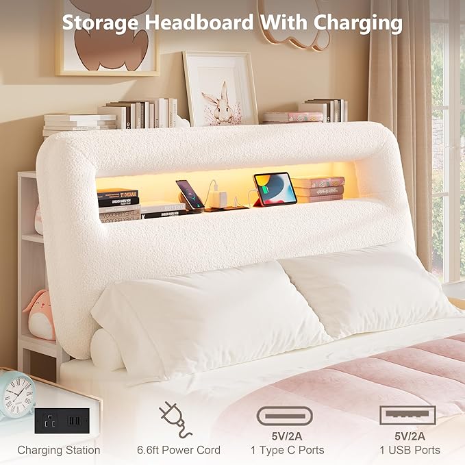King LED Bed Frame with Storage Headboard & Charging Station, Kids Bed Frames with Bookcase, Teddy Fleece Upholstered Platform Bed Frames with 2 Storage Drawers, Noise Freed, Beige